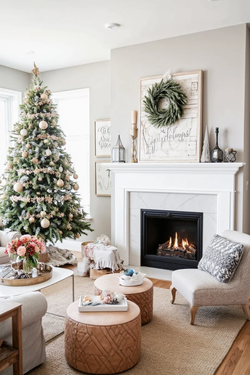 Living room mantel decorated with fabric Christmas garland