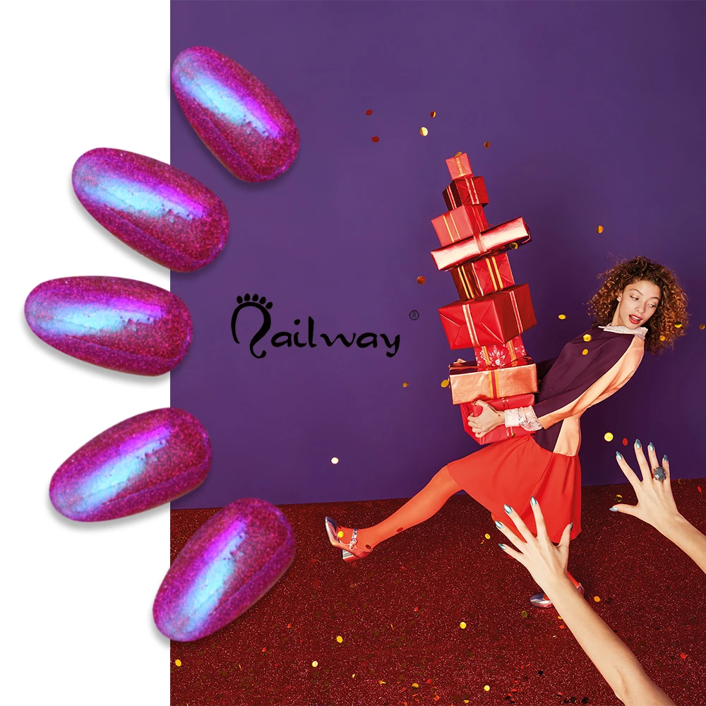 

High Quality Holographic Artifical Nails Purple-Red Glitter Holographic Nails Press On Nails Private Label, Natural
