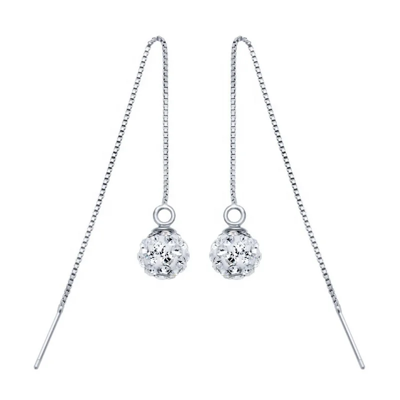 

8.8 MM Size Ball Austrian Rhinestone Long Tassel Earrings Jewelry 925 Sterling Silver Shambhala Wire, White