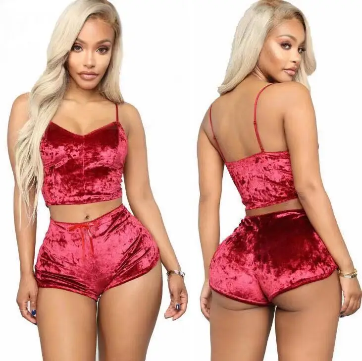 

2021 hot two-piece sets girl velvet loungewear nighty sexy satin pajamas soild color Women's Sleepwear