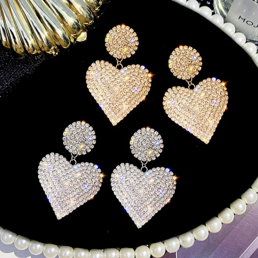 

fashion luxury full diamond heart earrings exaggerated gold color drop earrings female (KER514), Same as the picture