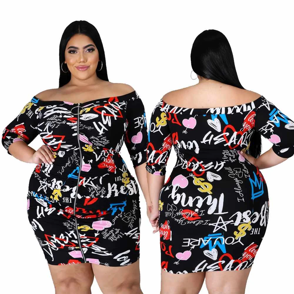 

autumn new fashion hot sale women's graffiti print zipper 7-point sleeve plus size dress, Picture