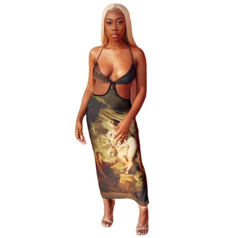 

Printing Print Women Maxi Dress Patchwork Hollow Out Halter Lace Up Bandage Backless Bodycon Sexy Streetwear Party Club
