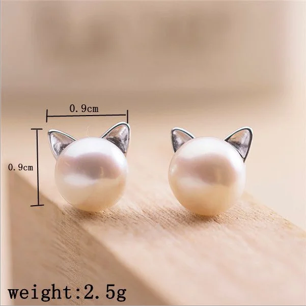 

fashion simple animal Cute animal cat ears pearl earrings silver freshwater pearl stud earrings