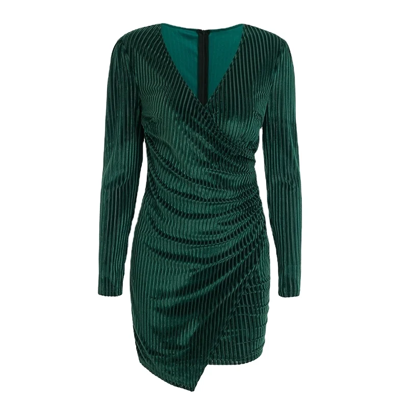 

Green Knitting V-neck Collar A-Line Solid Long Sleeve Sexy Mini Drape splice dress clothes women casual, Customized color