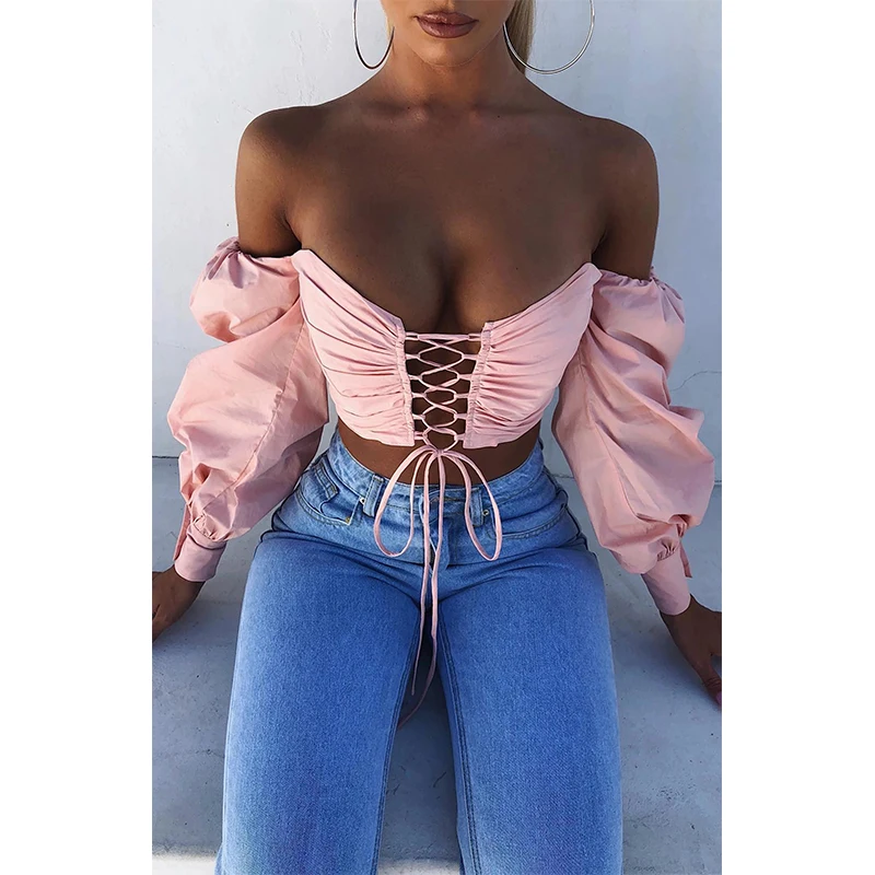 

Sexy Chic Slash Neck Lace Up Off Shoulder Puff Sleeve Fitted Beach Party Club Tops