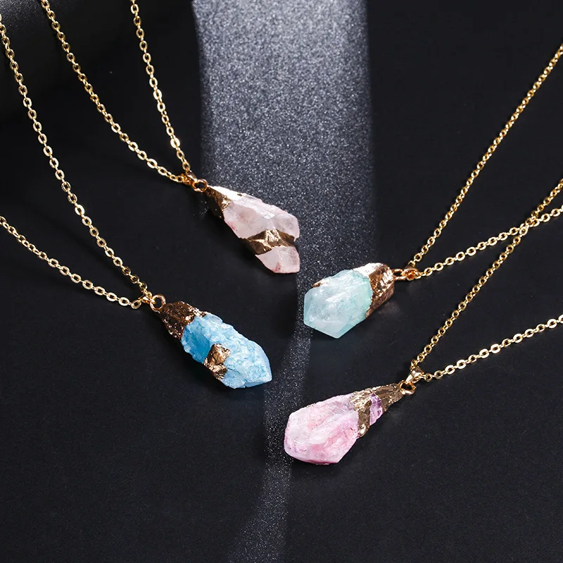 

Hot Sale Nature Stone Pendant Necklace Colorful Irregular Crystal Chain Necklace for Women Alloy Jewelry