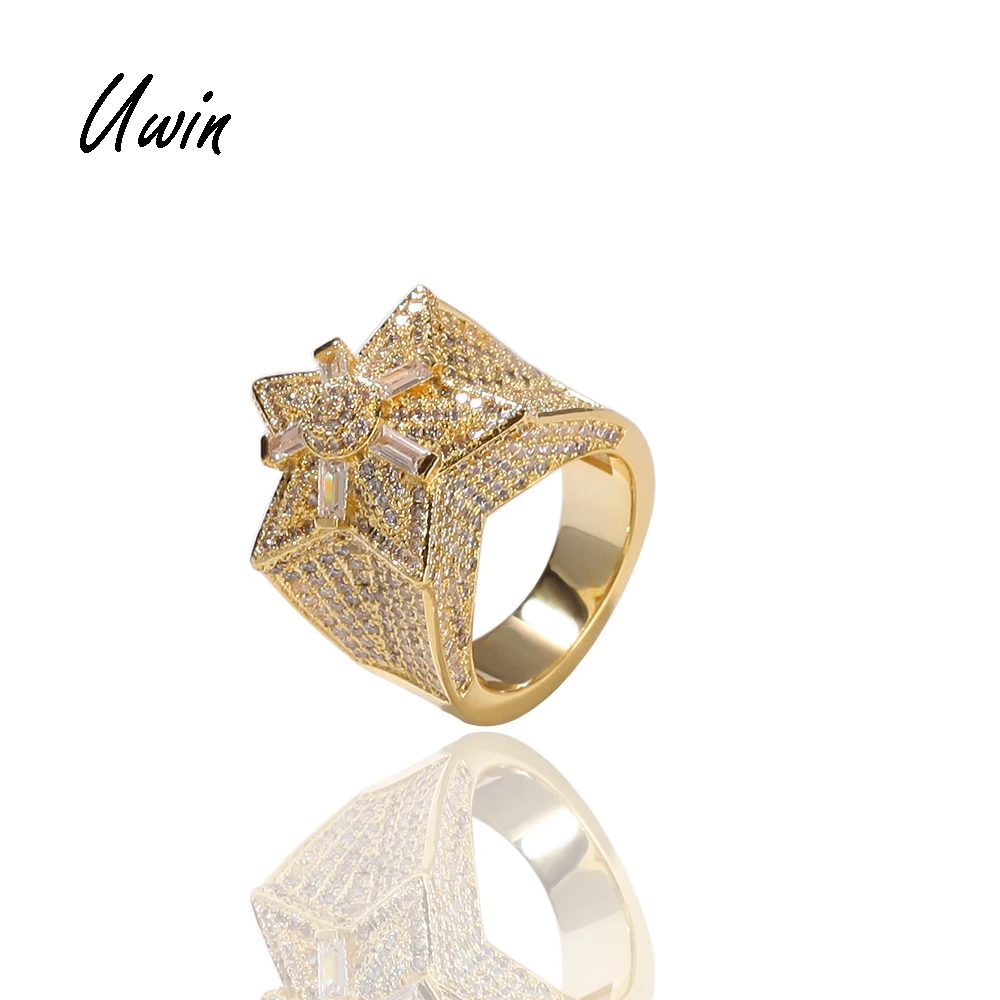 

New Star Ring CZ Baguette Gold Plated Cut Diamond Pentagram Shaped Ring Hip Hop Bling Bling Mens Jewelry