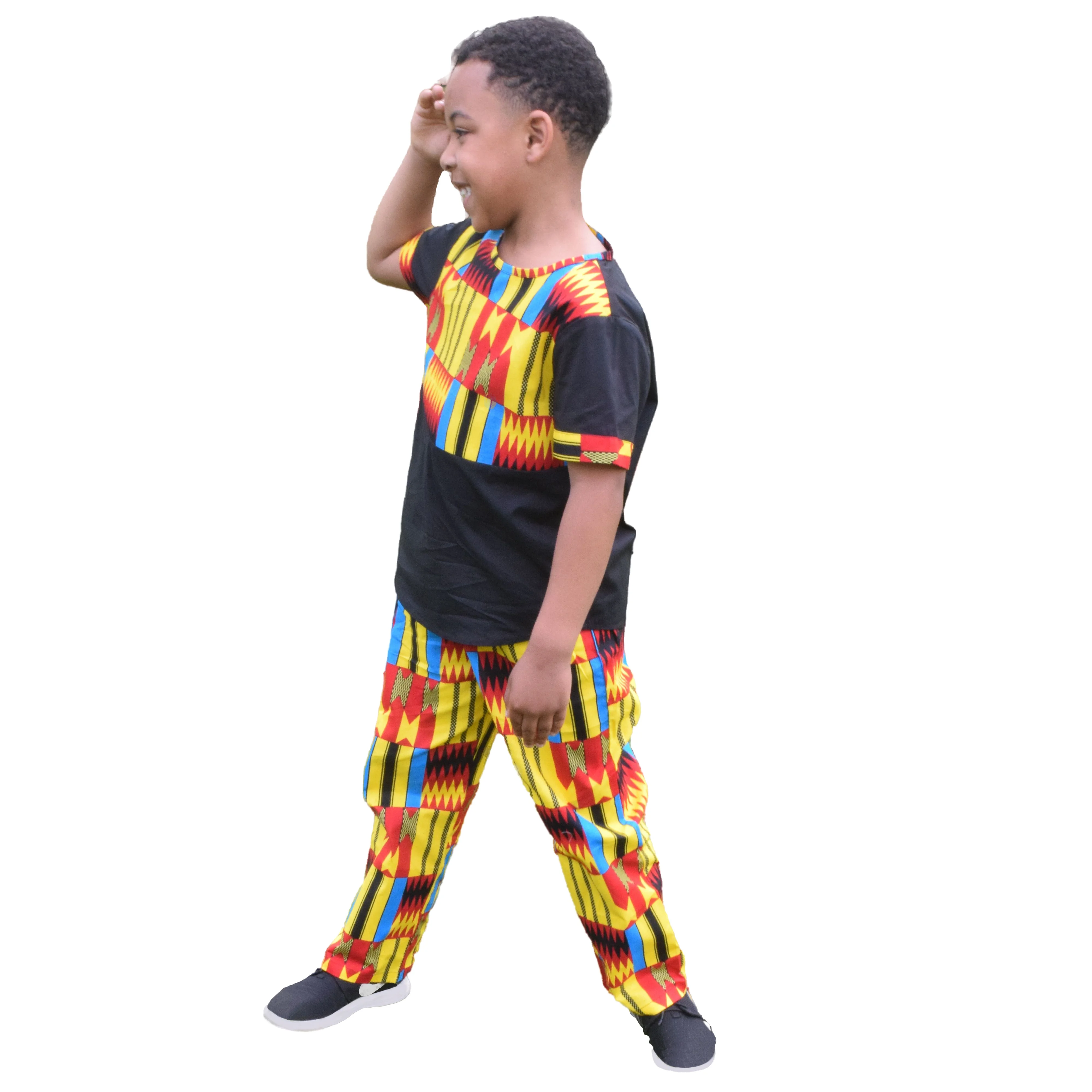 

Latest Design African Kids Wear Kente Patchwork Short Sleeves Two Pieces Top and Pants For Children