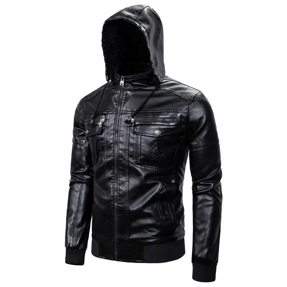 

2020 Wholesale Winter Mens PU Faux Leather Pilot Bomber Biker Jacket With Hood