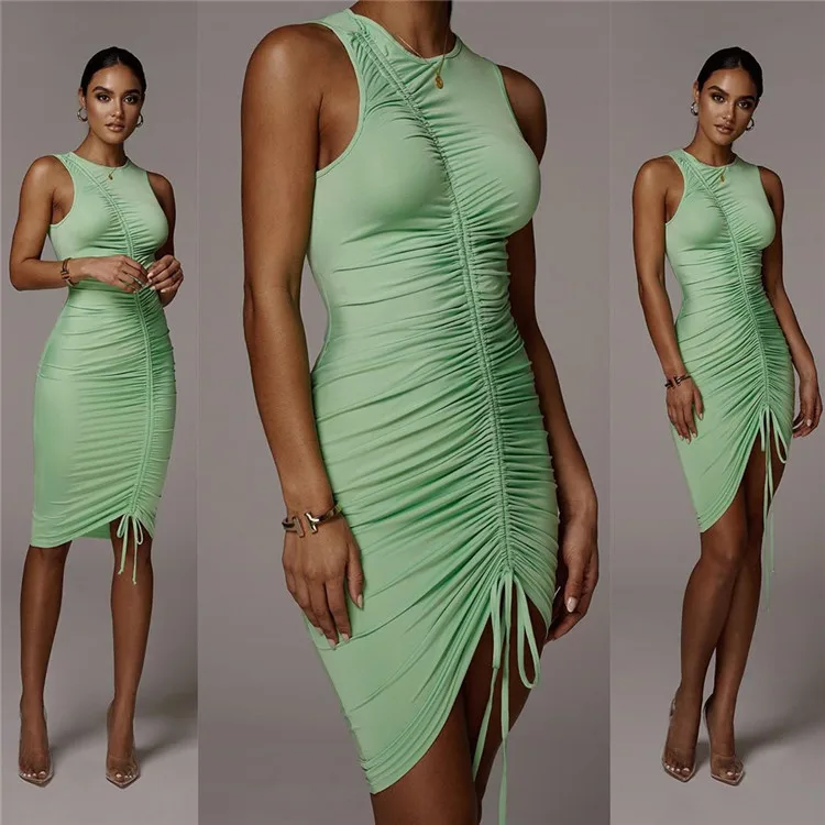 

Solid Color Pleated High Waist Drawstring Sleeveless Party Dresses Women Ruched Club Dresses Sexy Black Dress