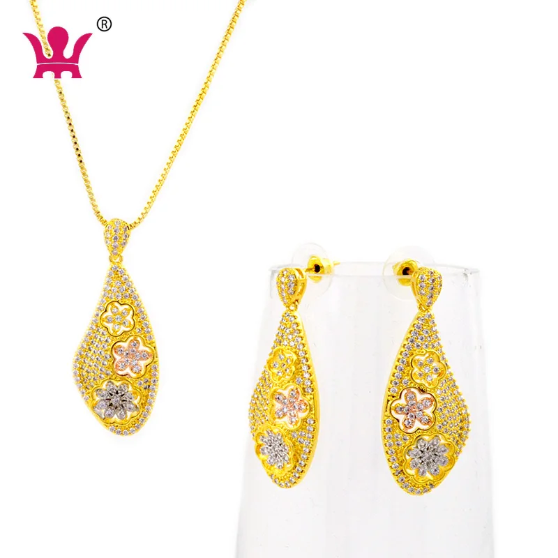 

Mix gold fashion cz stone women jewelry set necklace irregular shape flowers, White stone with three colours platium plated