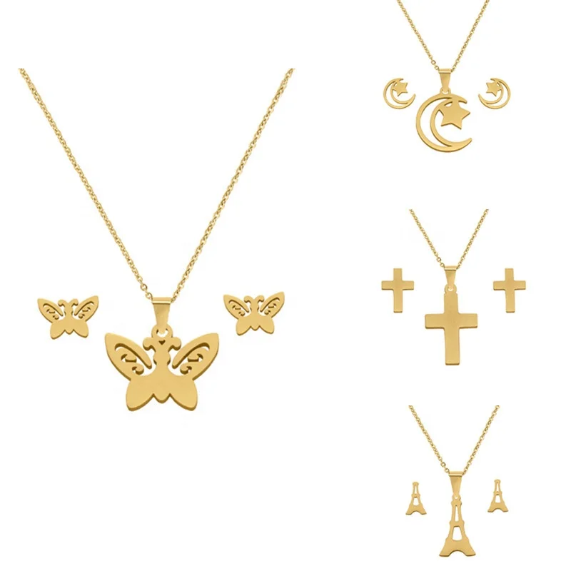 

Gold Stainless Steel Letter Necklaces Animal Moon Cross Butterfly Necklace Earring Set for Women Jewelry Sets