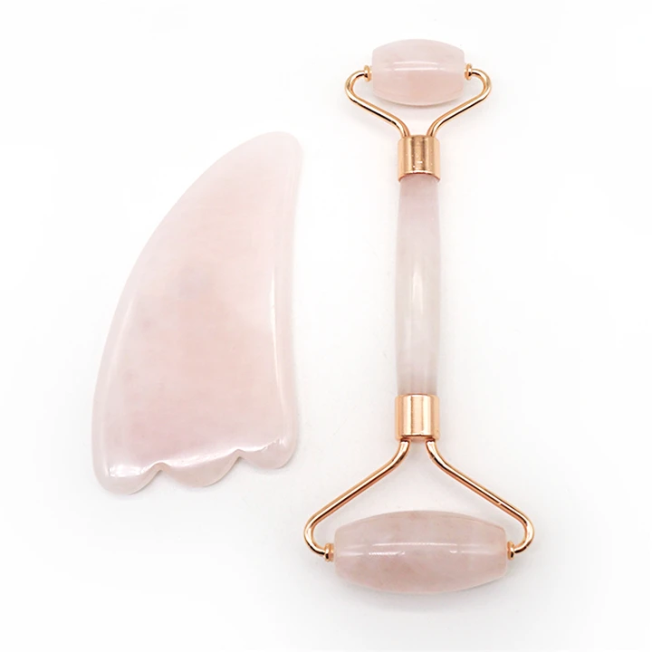 

Beauty natural stone jade roller gua sha set with box facial face roller jade gua sha massage tool, Pink green