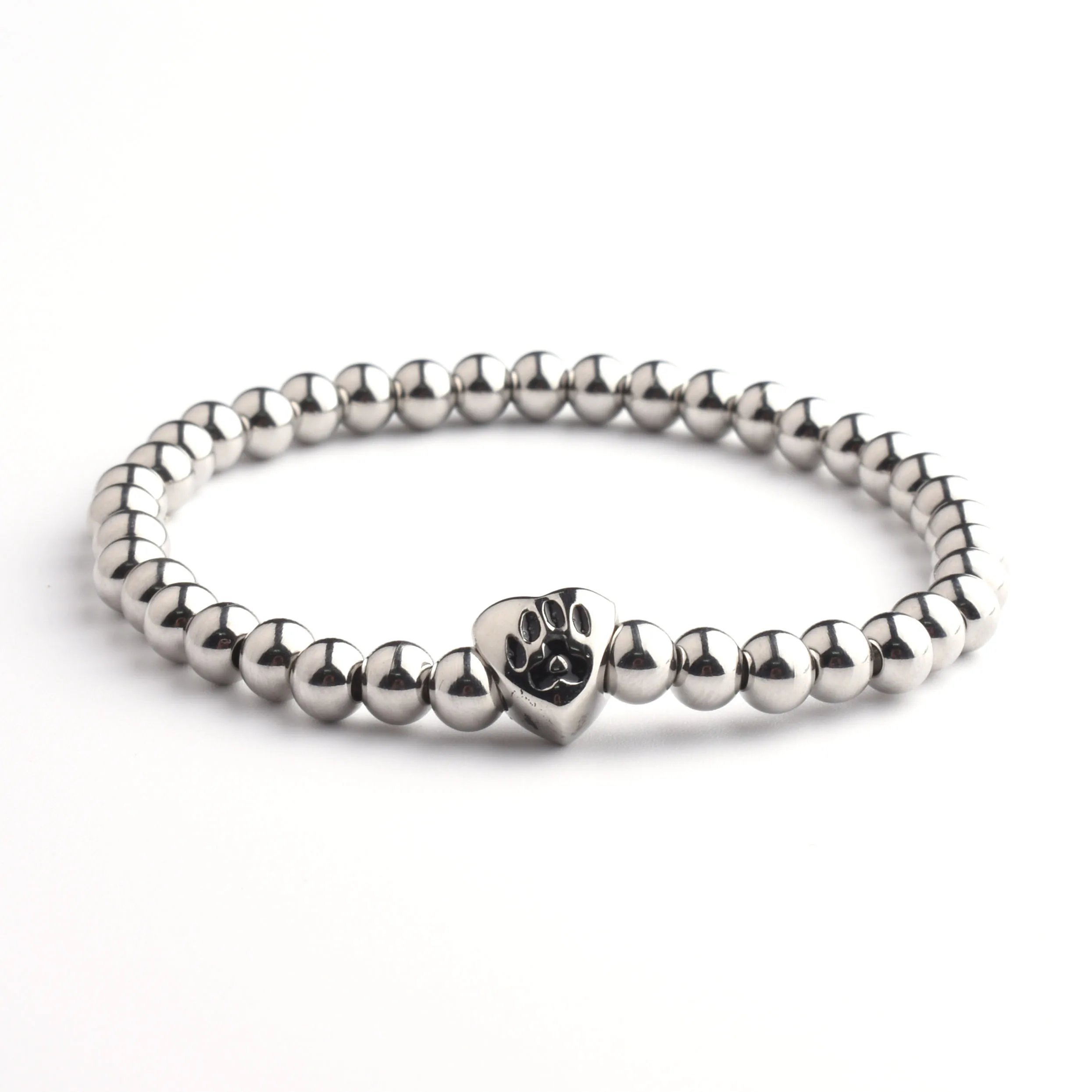

Unisex 6Mm Steel Bead Elastic Beaded Silver Love Heart Charms Bracelet