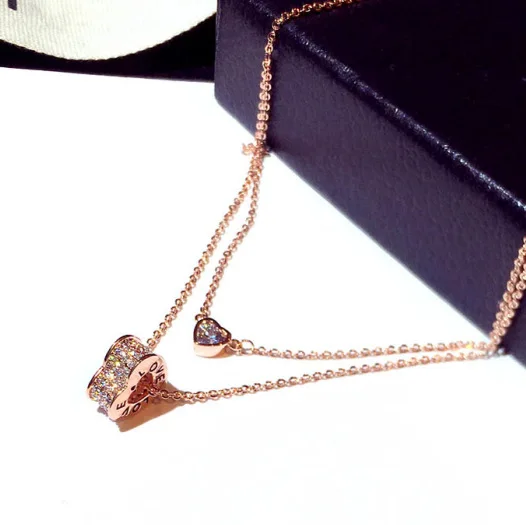 

Valentine's Day Gift Real Gold Plated Paved Diamond Heart Necklace Double Layer Crystal Heart Necklace For Girls