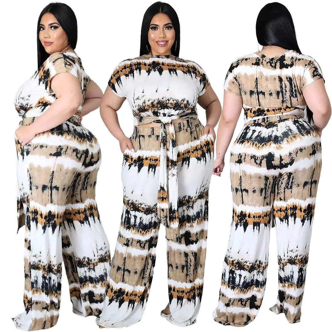 

XL-5XL women summer sexy print round neck short sleeve bandage tshirt wide leg trousers two piece plus size pants sets, 1 color and also can make as your request