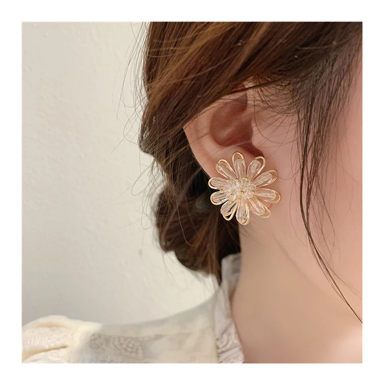

S925 silver needle new crystal flower earnail women 2021 summer personality temperament super fairy earrings fresh ear accessori, 14k gold plated