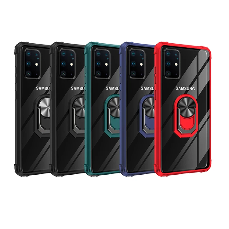 

2020 Amazon Best Selling Clear Acrylic PC+TPU Shockproof Armor Case Metal Ring Bracket For S20 Plus Ultra Note 10 S10 Lite, Black , red , ,blue