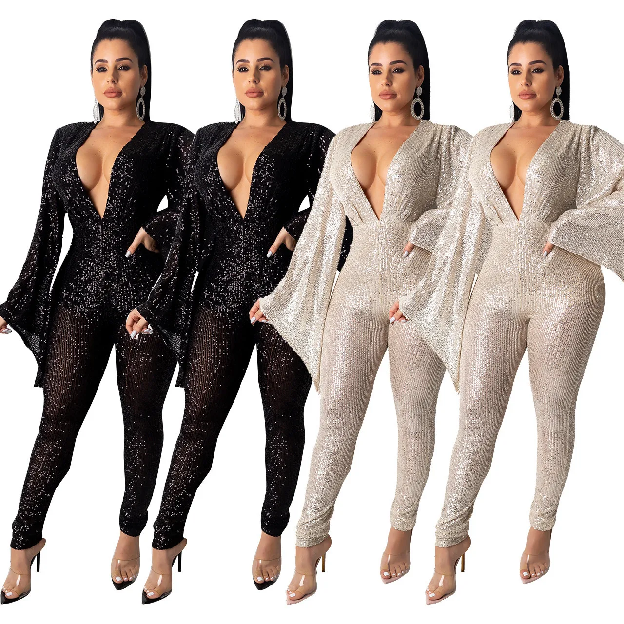 

Factory high quality sexy women sequined club wear 2021 jumpsuit long sleeve jumpsuit women one piece v-neck jumpsuits, Black