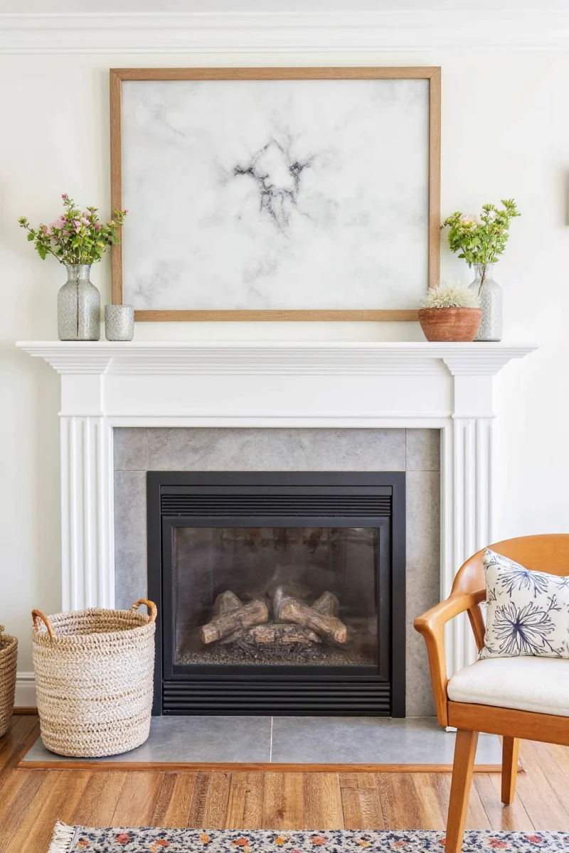 Spring mantel decor with pastels and greenery