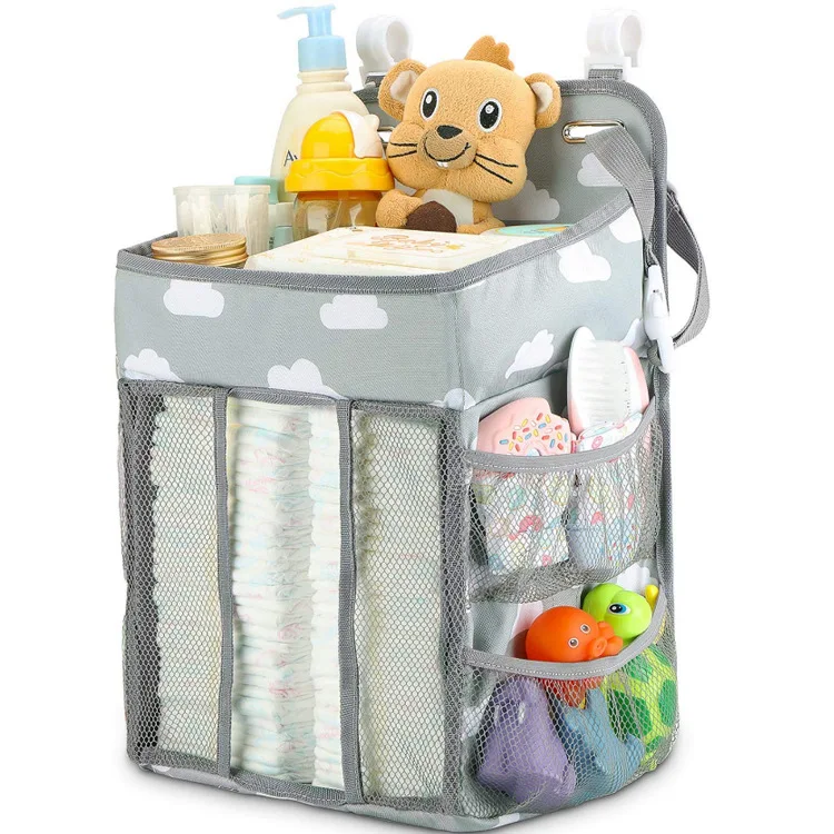

Hot Sell Baby Room Accessories Crib Hanging Organizer Baby Nappy Storage Bag For Clothes And Toys, Gray & white