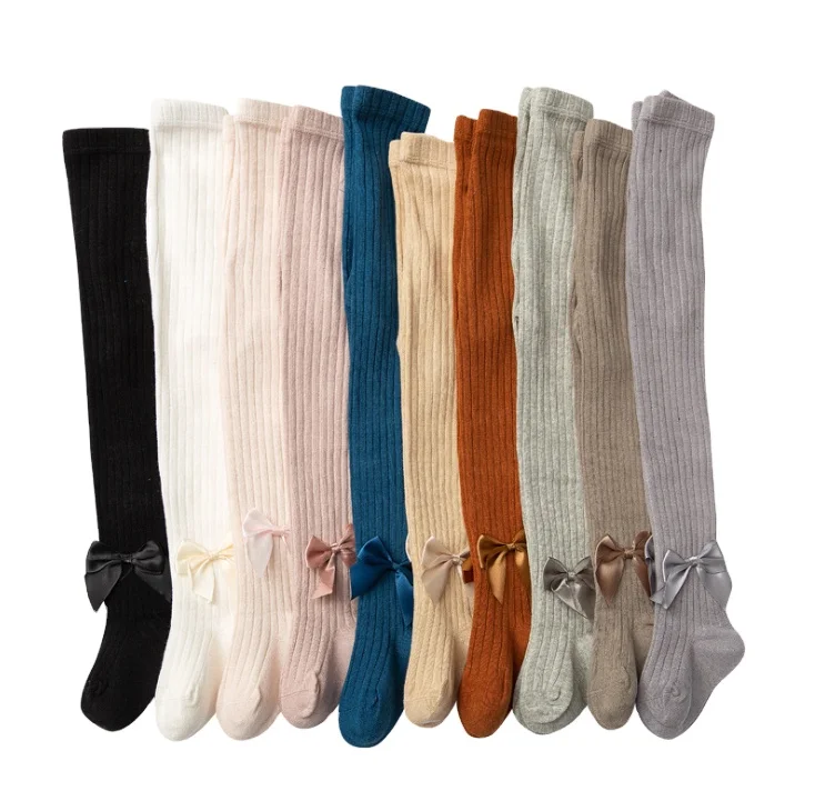 

2021 New design baby socks autumn winter with velvet kids body stocking combed cotton bow stockings