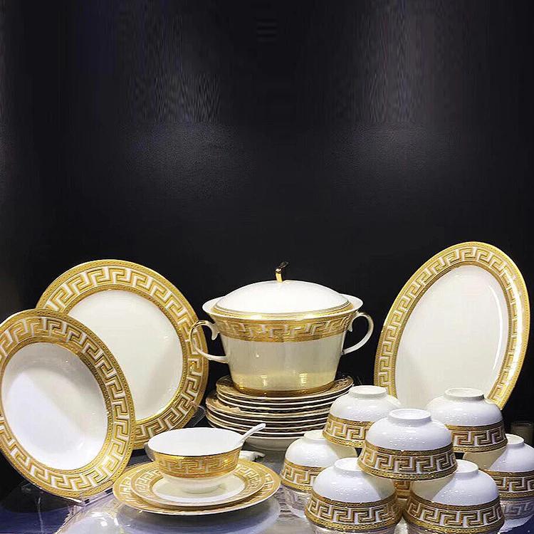 

New Design Luxury Dinnerware Sets Hand Printing Dinner Ware Bone China Dinner Sets, Gold and white