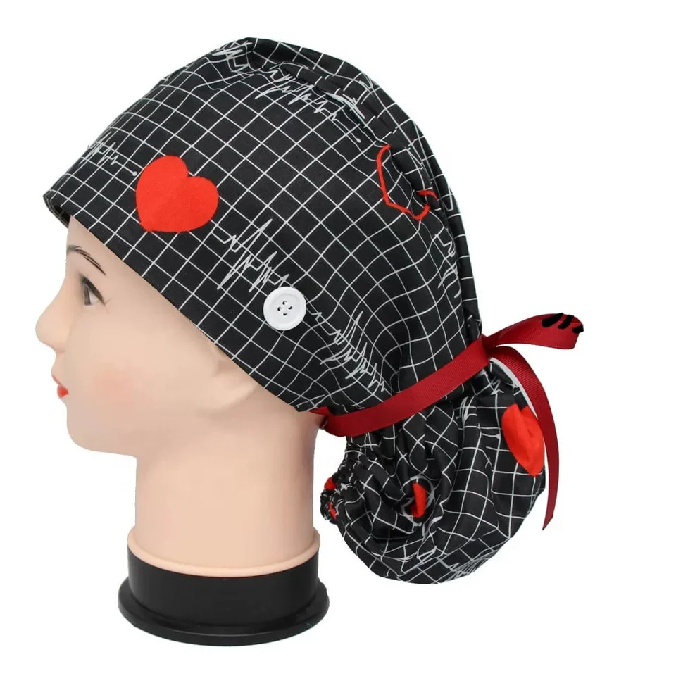 

Cotton Nurse Surgical Cap With Buttons Ponytail Long Hair Scrub Cap, Solid dyed&printed