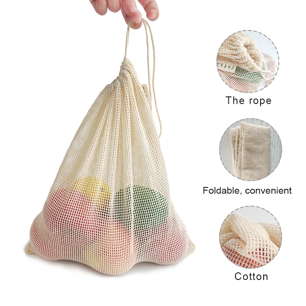 

Eco Friendly Reusable Custom Logo Net Produce Grocery Shopping Cotton Mesh Drawstring Bag