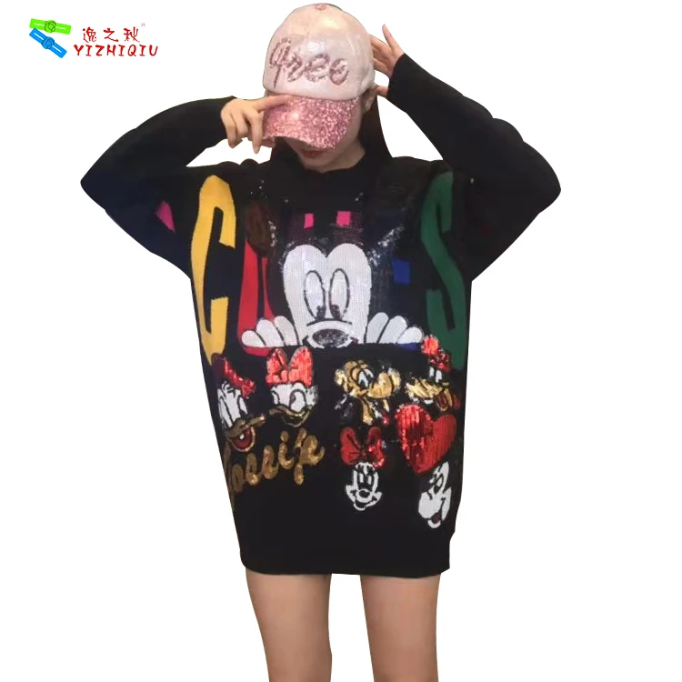 

YIZHIQIU fashion loose casual O- neck black sequined cartoon Mickey knitted long sweater dress women lady