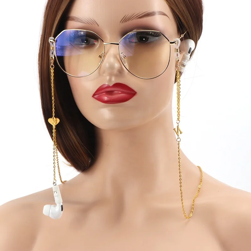 

Stainless Steel Letter Initial Love Heart Lanyard Earphone Anti Lost Earpods Wireless Headphones Holder Glasses Chain Necklace