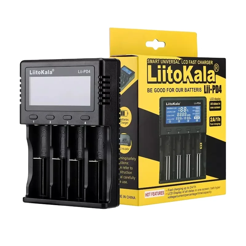 

LiitoKala Lii-PD4 Battery fast smart Charger 4 slots 18650 26650 21700 18350 AA AAA 3.7V/3.2V/1.2V/1.5V lithium NiMH battery