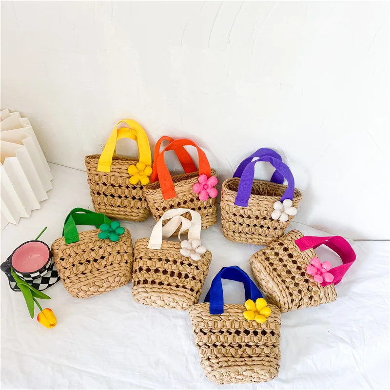 

Wholesale Summer New Straw Woven Children Bag Cute Mini girl Princess Flower Handbag Trendy Small Women Hand Tote Beach Bags, 7 colors