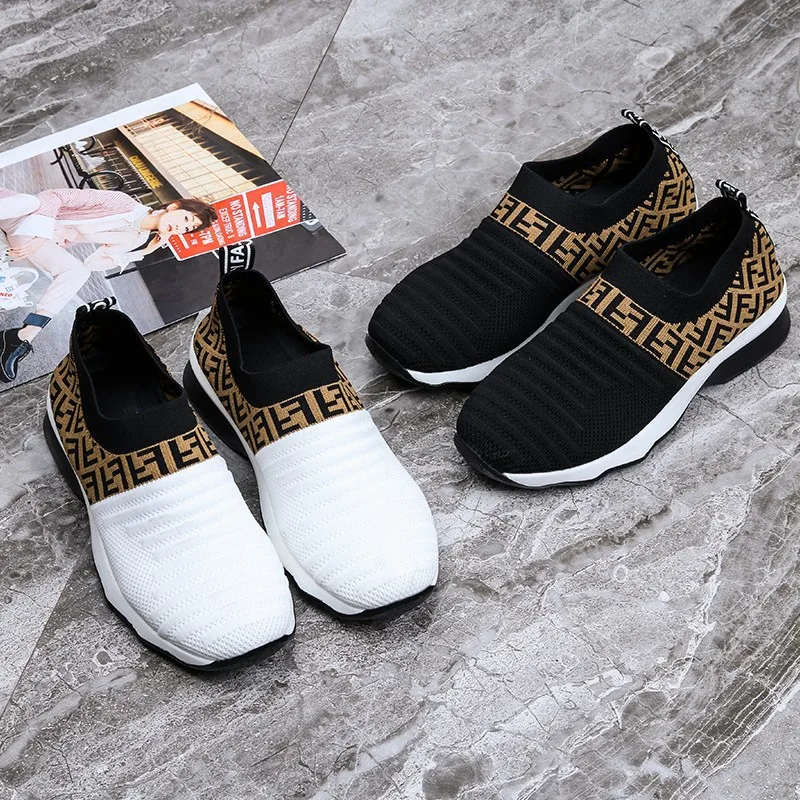 

New style mesh breathable printing sneakers flying woven stretch outdoor casual women's shoes