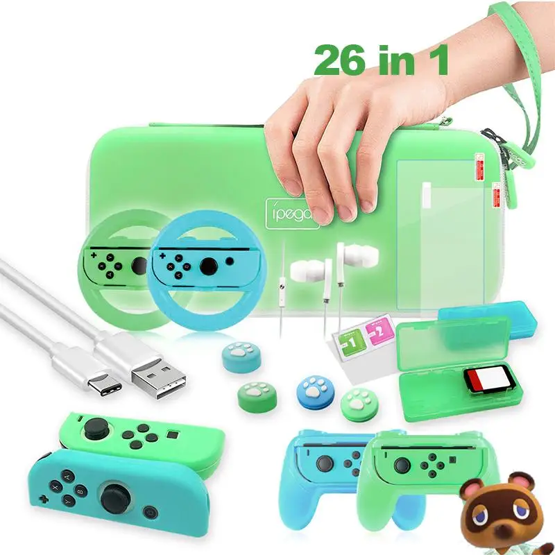 

ipega SW053 Game Accessories 26 In 1 Kit For Nintendo Switch gamepad Storage Bag Screen Protector Earphone Racing Wheel Card Box, Green