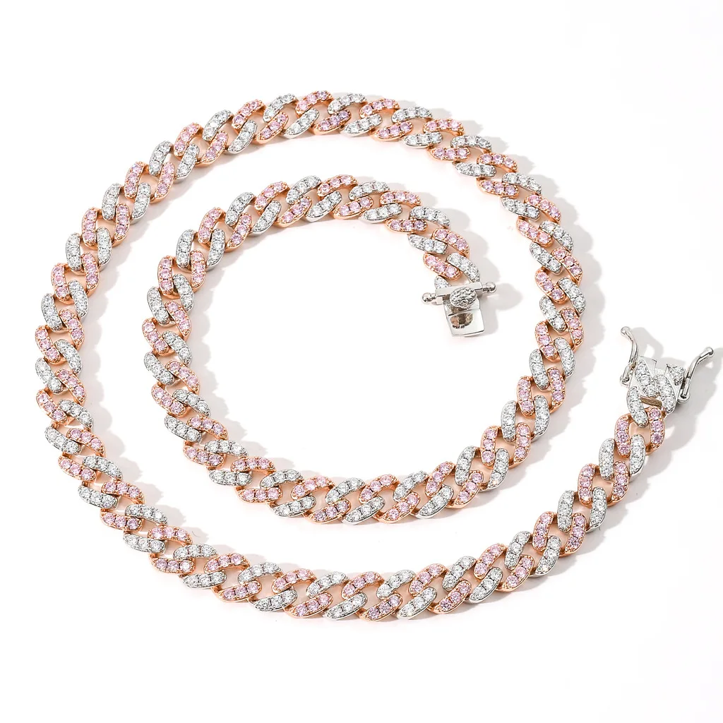

European Hip Hop 9MM Thin Rose Gold Plated Silver Cuban Chain Necklace Iced out Rose Zircon CZ Cuban Chain Necklace Men Women