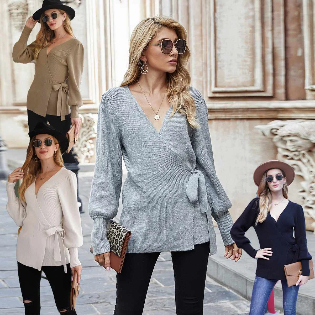 

New Knot V-neck Sweater Women Loose Large Size Fashion Knitted Cardigan Sweater Dress