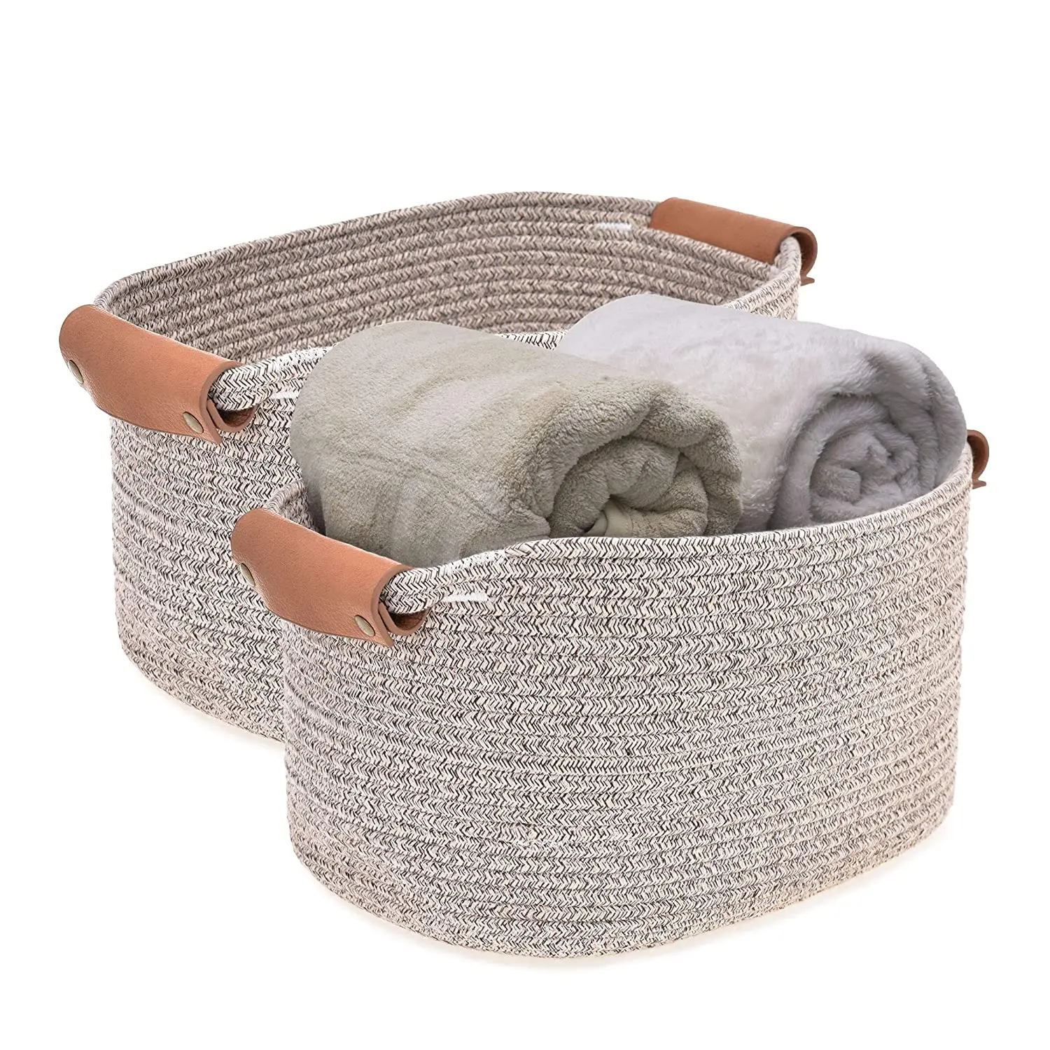 

Set of 2 Rectangle Cotton Rope Woven Basket with leather Handles for Books Magazines Toys Decorative Basket for Baby Nursery, Mix grey