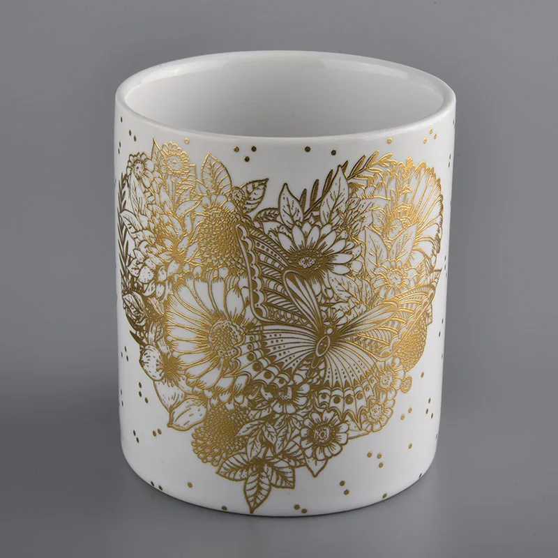 white ceramic candle jars with gold printing for Christmas