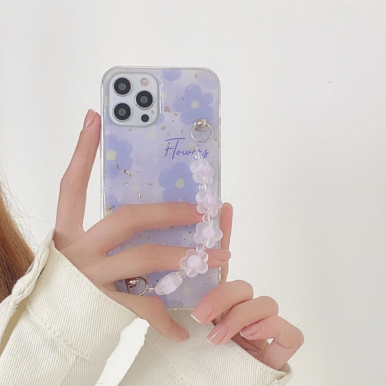 

Luxury Pearl Holder Chain with Strap Transparent Glitter Phone Case for Apple Iphone 12 11 pro max 12pro wrist bands case