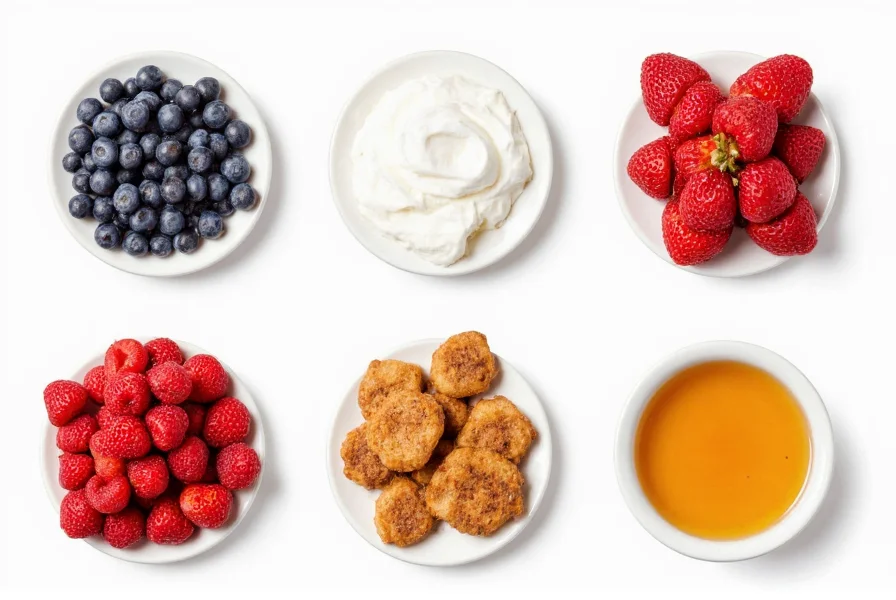 Variety of cinnamon sugar french toast toppings including fresh berries, whipped cream, and maple syrup
