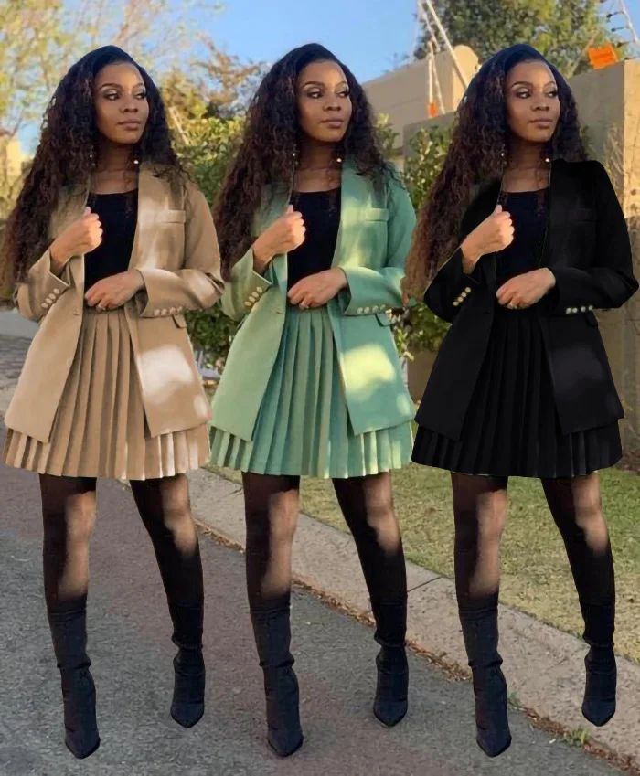 

New arrival blazer dress sexy fashion double-breasted long-sleeved small suit with pleated skirt women two piece skirt set
