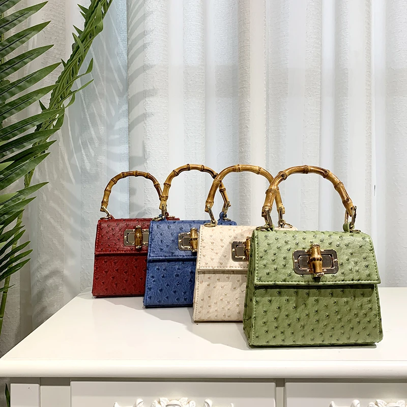

Rotating Lock Closure Ostrich Pattern Bamboo Handle Design Fashion bags women handbags ladies shoulder