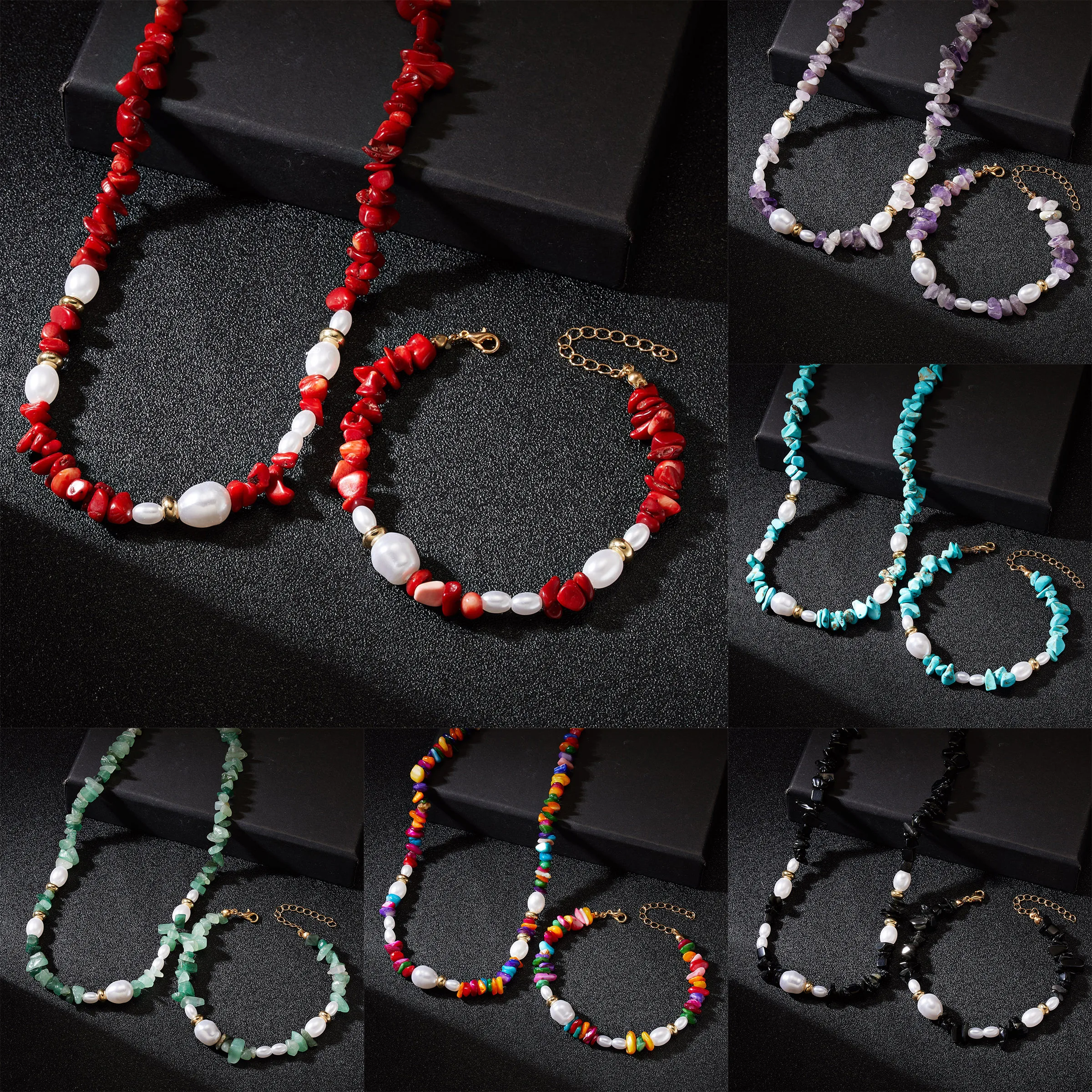

Bohemian Natural Stone Pearl Bead Choker Necklace Bracelet Bridal Handmade Necklaces Irregular Ladies Jewelry Collar Party Gift