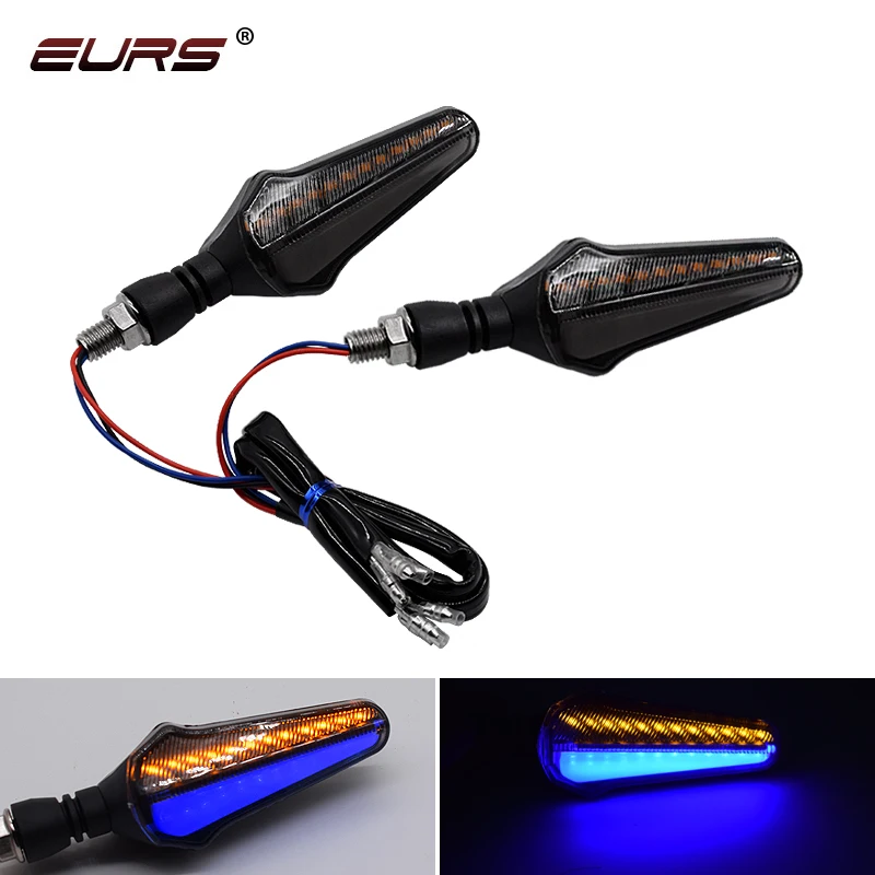 

EURS 2 pieces/(1 set) Universal Motorcycle LED Flexible Turn Signal Indicator Light For Fog Light Moto Tail Brake Lights, Blue+runing yellow