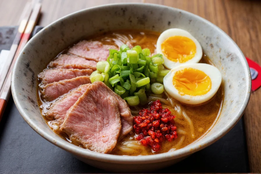 Beef ramen bowl with red pepper flakes, green onions, and soft-boiled egg as toppings