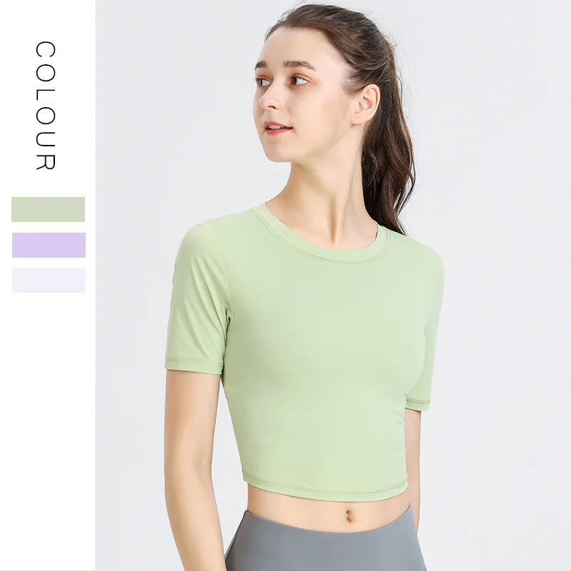 

Hot Sales Crop Top Sexy Fitness Slim Ladie's Crop Tops Short Sleeve Workout Sports Yoga TShirt, Customized colors