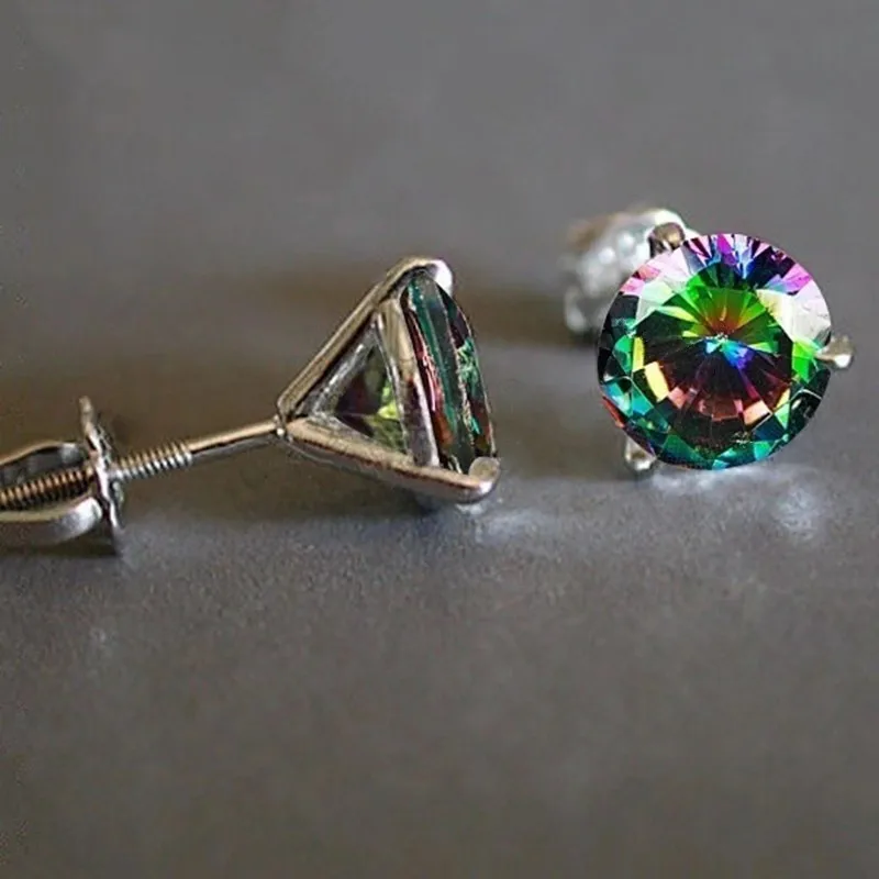 

8mm White Gold Colorful Diamond Spiral Three-Claw Earrings Exquisite Zircon Stud Earrings For Women, As the pictures