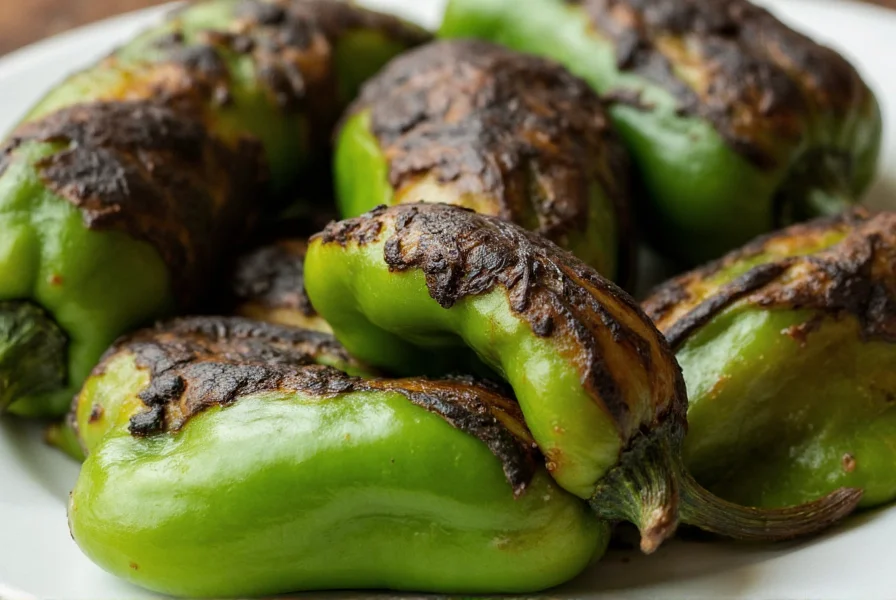 Close-up of roasted poblano peppers with charred skin being peeled, showing the darkened exterior and revealing the smooth green flesh underneath